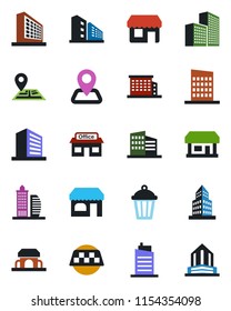 Color and black flat icon set - taxi vector, shop, office building, garden light, navigation, store, city house, cafe, storefront