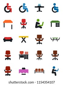 Color and black flat icon set - waiting area vector, disabled, office chair, desk, picnic table, cushioned furniture, restaurant, man with notebook
