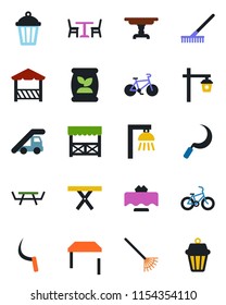 Color and black flat icon set - cafe vector, ladder car, rake, sickle, garden light, picnic table, fertilizer, bike, restaurant, alcove, outdoor lamp