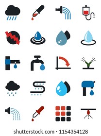 Color and black flat icon set - crisis graph vector, watering, water drop, rain, drip irrigation, dropper, menu, supply, sprinkler