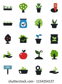 Color and black flat icon set - flower in pot vector, seedling, tree, sproute, plant label, fertilizer, fruit, salad, apple, eco house, palm