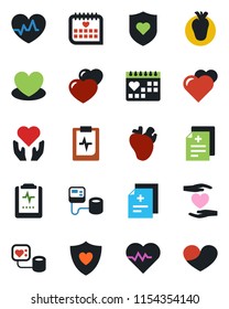 Color and black flat icon set - heart vector, pulse, diagnosis, blood pressure, shield, hand, real, medical calendar, clipboard