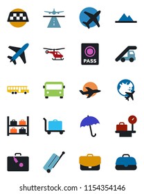 Color and black flat icon set - plane vector, runway, taxi, suitcase, baggage trolley, airport bus, umbrella, passport, ladder car, helicopter, luggage storage, scales, globe, mountains, case