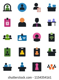 Color and black flat icon set - female vector, reception, identity card, manager place, patient, user, desk, estate agent, pass, group