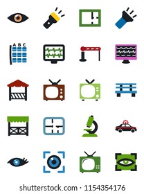 Color and black flat icon set - barrier vector, tv, alarm car, seat map, bench, monitor pulse, microscope, eye, torch, plan, alcove, scan