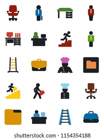 Color and black flat icon set - manager vector, desk, place, ladder, folder, career, cook, office chair, case