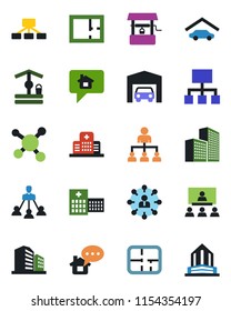 Color and black flat icon set - hierarchy vector, well, hospital, molecule, office building, garage, plan, home message