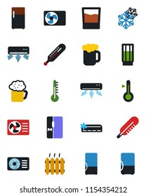 Color and black flat icon set - thermometer vector, heater, air conditioner, fridge, drink, beer, snowflake