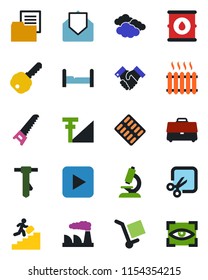Color and black flat icon set - clouds vector, tie, factory, saw, microscope, pills blister, folder document, cargo, oil barrel, mail, play button, cut, cellular signal, case, handshake, key, heater