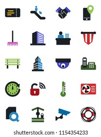 Color and black flat icon set - escalator vector, ticket, office building, pennant, rake, well, bench, mobile tracking, document search, phone, manager desk, handshake, wireless lock, thermometer