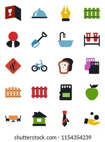 Color and black flat icon set - shovel vector, fence, house, blood test vial, bike, sd, ink pen, tie, estate agent, bathroom, dish, wine card, bread, cafe table, apple fruit, smoke detector