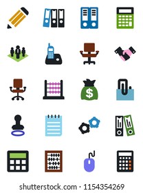Color and black flat icon set - stamp vector, handshake, gear, office binder, abacus, mouse, notepad, money bag, pencil, radio phone, calculator, paper clip, chair, company