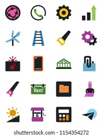 Color and black flat icon set - bomb in case vector, gear, growth statistic, ladder, saw, well, greenhouse, network, phone back, settings, themes, calculator, folder, brightness, paper clip, rent