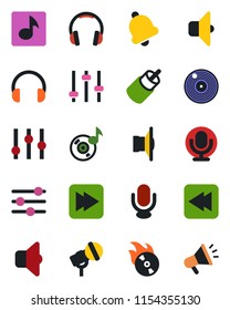 Color and black flat icon set - vinyl vector, flame disk, microphone, speaker, settings, headphones, fast forward, rewind, rca, tuning, bell, music, sound, advertising
