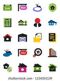 Color and black flat icon set - office building vector, house, pond, contract, with garage, tree, estate document, sale, rent, sold signboard, search, agent, insurance, eco