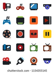 Color and black flat icon set - reel vector, gamepad, tv, pause button, stop, rec, hdmi, record, video, web camera, intercome, surveillance