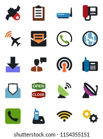 Color and black flat icon set - plane radar vector, satellite antenna, speaking man, office phone, network, radio, mail, call, download, clipboard, wireless, open close, router, intercome, gear