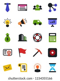 Color and black flat icon set - rec button vector, group, shining head, money bag, idea, flag, calculator, car, schedule, social media, crisis management, certificate, mail, advertising, contract