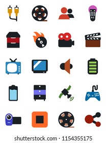 Color and black flat icon set - clapboard vector, reel, archive chest, flame disk, satellite, speaker, tv, gamepad, video camera, remote control, group, battery, stop button, rca, social media