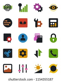 Color and black flat icon set - call vector, gallery, settings, tuning, user, calculator, record, sd, network, data exchange, brightness, cut, lock, eye id, fingerprint, cellular signal, sertificate