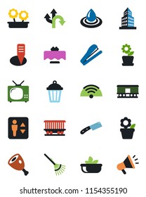 Color and black flat icon set - elevator vector, flower in pot, rake, plant label, garden light, route, railroad, office building, stapler, tv, wireless, restaurant table, salad, ham, knife, water