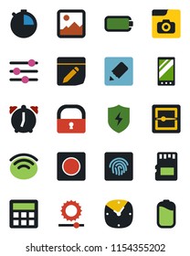 Color and black flat icon set - mobile vector, gallery, protect, tuning, calculator, clock, alarm, stopwatch, record, scanner, sd, notes, wireless, brightness, lock, fingerprint id, photo, battery