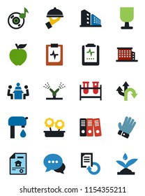 Color and black flat icon set - document reload vector, glove, blood test vial, pulse clipboard, route, fragile, dialog, music, paper binder, meeting, water supply, estate, office building, waiter