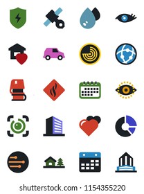 Color and black flat icon set - radar vector, office building, circle chart, heart, eye, satellite, protect, network, calendar, id, book, house with tree, sweet home, water, smoke detector, car