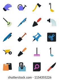 Color and black flat icon set - document search vector, pen, drawing pin, trowel, shovel, rake, watering can, wheelbarrow, glove, axe, cut, paper clip, ladle, cutting board, knife