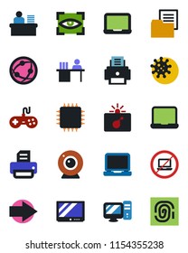 Color and black flat icon set - no laptop vector, bomb in case, right arrow, notebook pc, printer, virus, folder document, gamepad, tv, network, manager desk, chip, web camera, eye scan, fingerprint