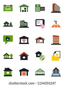 Color and black flat icon set - office building vector, house, greenhouse, hospital, warehouse, with tree, estate document, sold signboard, city, insurance, home control app, warm floor, garage gate