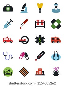 Color and black flat icon set - doctor case vector, stethoscope, syringe, blood test vial, dropper, thermometer, microscope, pills, blister, ampoule, patch, tomography, ambulance star, car, implant