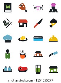 Color and black flat icon set - cafe vector, coffee, waiter, cook, dish, serviette, hat, menu, reserved, drink, salt and pepper, building, steak, ham, knife, sushi, storefront