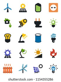 Color and black flat icon set - fire vector, oil barrel, brightness, battery, desk lamp, sun panel, heater, home control, socket, power plug, bulb, energy saving, windmill, idea