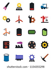 Color and black flat icon set - fork loader vector, gear, factory, saw, truck trailer, oil barrel, reel, low battery, root setup, sun panel, windmill, crane, water heater, hard work