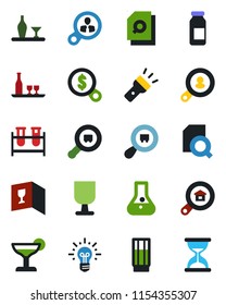 Color and black flat icon set - blood test vial vector, ampoule, fragile, search cargo, torch, document, estate, client, alcohol, wine card, drink, cocktail, consumer, money, idea, flask, sand clock
