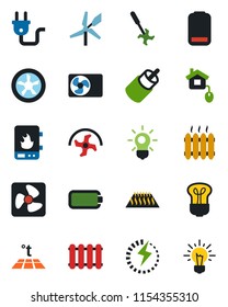 Color and black flat icon set - ripper vector, low battery, rca, charge, heater, air conditioner, home control, power plug, fan, water, radiator, warm floor, bulb, windmill, idea