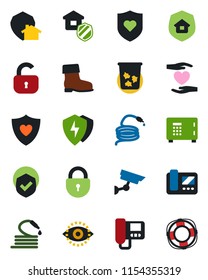 Color and black flat icon set - trash bin vector, safe, lock, boot, hose, heart shield, hand, protect, eye id, estate insurance, intercome, home, surveillance, crisis management