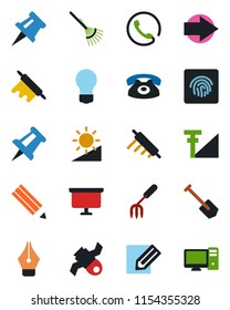 Color and black flat icon set - right arrow vector, presentation board, drawing pin, bulb, job, pencil, garden fork, rake, satellite, brightness, fingerprint id, cellular signal, ink pen, phone, pc