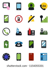 Color and black flat icon set - no mobile vector, phone, 24 hours, cell, radio, back, camera, mute, cellular signal, charge, office, support, home control app, combination lock