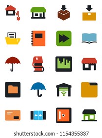 Color and black flat icon set - automatic door vector, checkroom, book, store, umbrella, package, mail, fast forward, scanner, folder, copybook, document, home control, garage gate, storefront