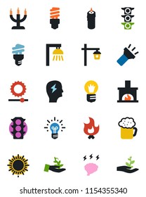 Color and black flat icon set - sun vector, brainstorm, bulb, fire, garden light, traffic, torch, brightness, fireplace, beer, candle, energy saving, outdoor lamp, palm sproute, idea
