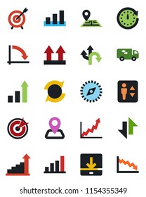 Color and black flat icon set - elevator vector, growth statistic, crisis graph, route, navigation, up side sign, sorting, data exchange, download, compass, update, bar, moving, target, clock