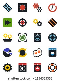 Color and black flat icon set - washer vector, gear, pills blister, fast forward, record, eye id, update, pie graph, target, flower in pot, omelette, clock, crisis management