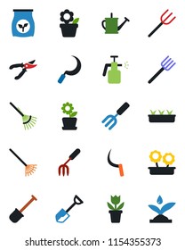 Color and black flat icon set - flower in pot vector, garden fork, shovel, farm, rake, watering can, pruner, seedling, sickle, sprayer, fertilizer, irrigation