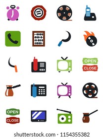 Color and black flat icon set - alarm clock vector, tv, abacus, stamp, sickle, reel, flame disk, radio, phone, call, office, open close, turkish coffee