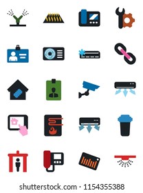 Color and black flat icon set - security gate vector, identity card, barcode, chain, root setup, air conditioner, smart home, irrigation, water heater, intercome, control app, filter, warm floor