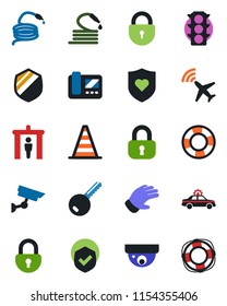 Color and black flat icon set - plane radar vector, security gate, alarm car, border cone, lock, glove, hose, heart shield, traffic light, key, intercome, surveillance, crisis management