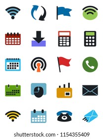 Color and black flat icon set - phone vector, mail, mouse, calendar, update, download, wireless, calculator, flag