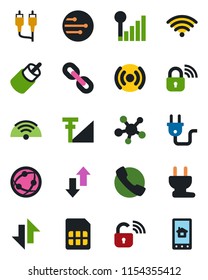 Color and black flat icon set - network vector, share, chain, rca, call, sim, data exchange, cellular signal, wireless, power plug, lock, home control app